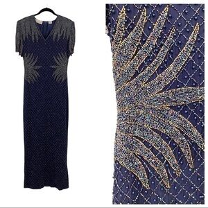 VTG Laurence Kazar Silk Beaded Evening Gown Medium